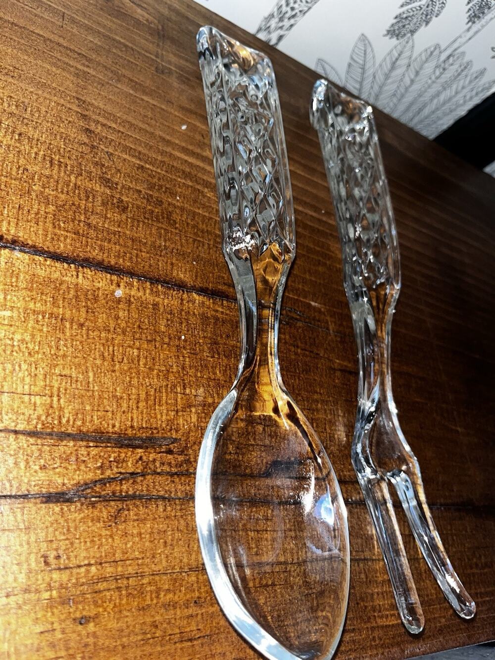 Vintage Anchor Hocking Wexford Crystal Glass Fork and Spoon Salad Serving Set